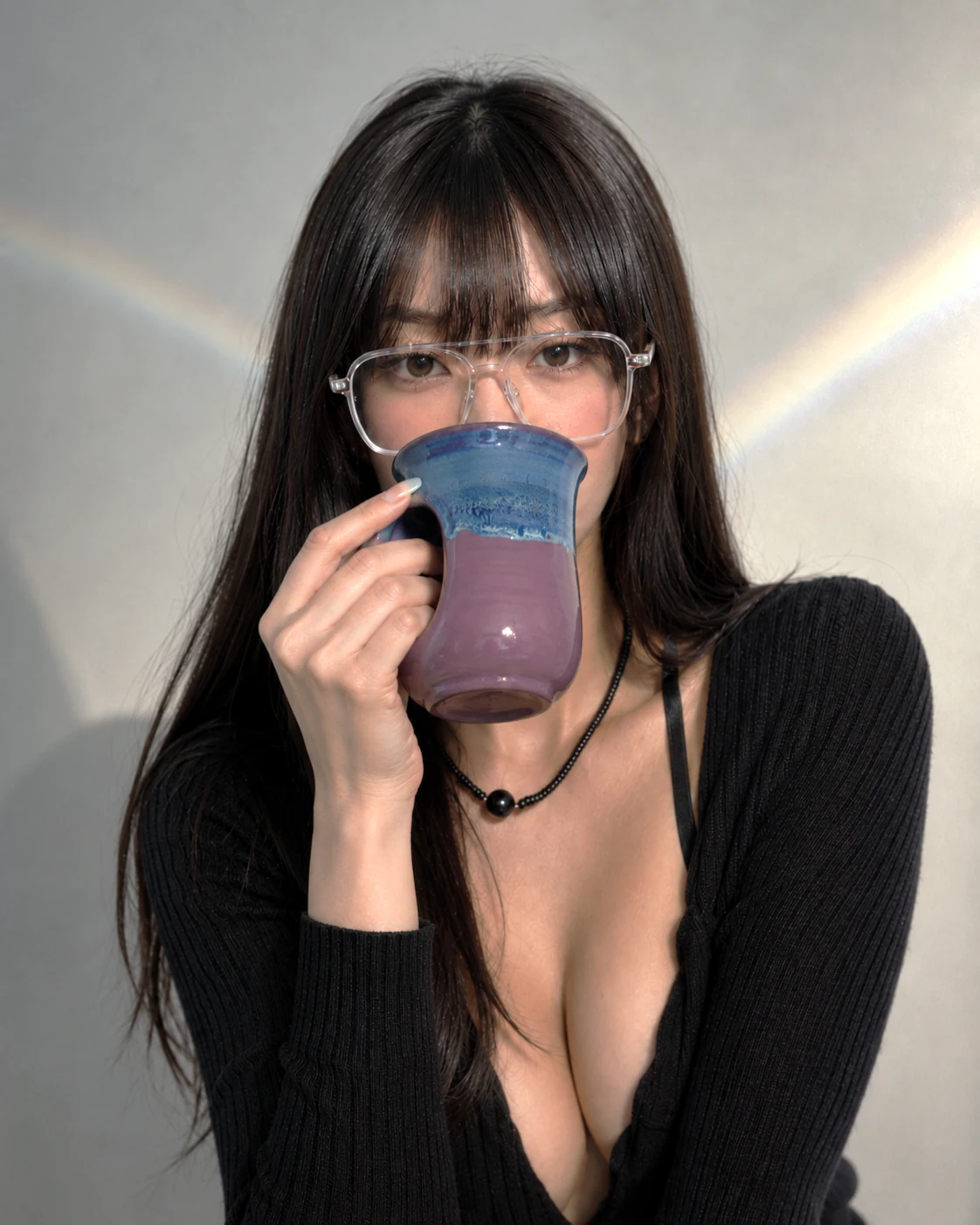 Blue-purple handmade hand-warmer mug held by Mei Lin