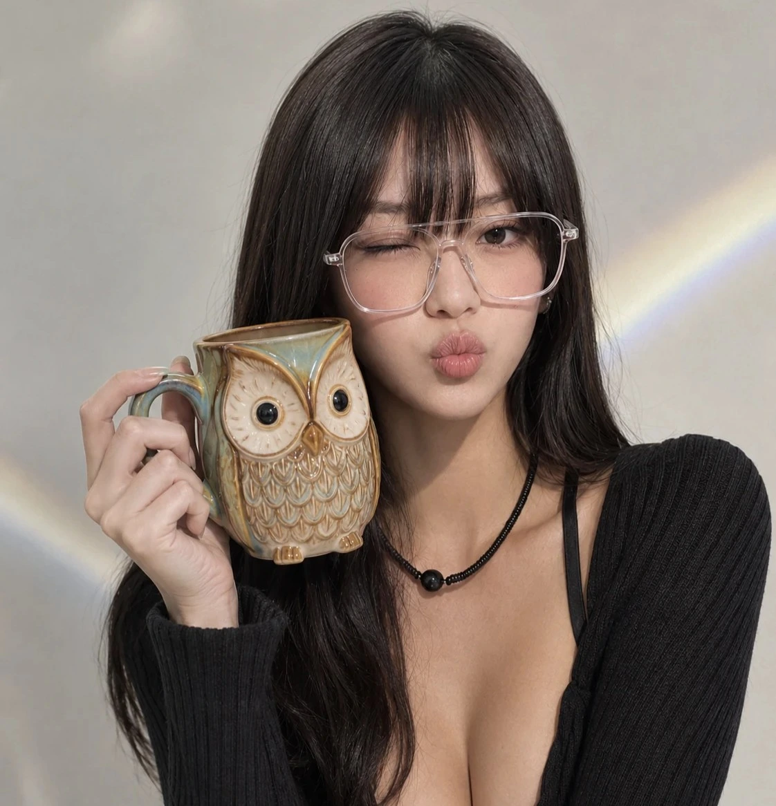 Blue-green wise owl mug held by Mei Lin