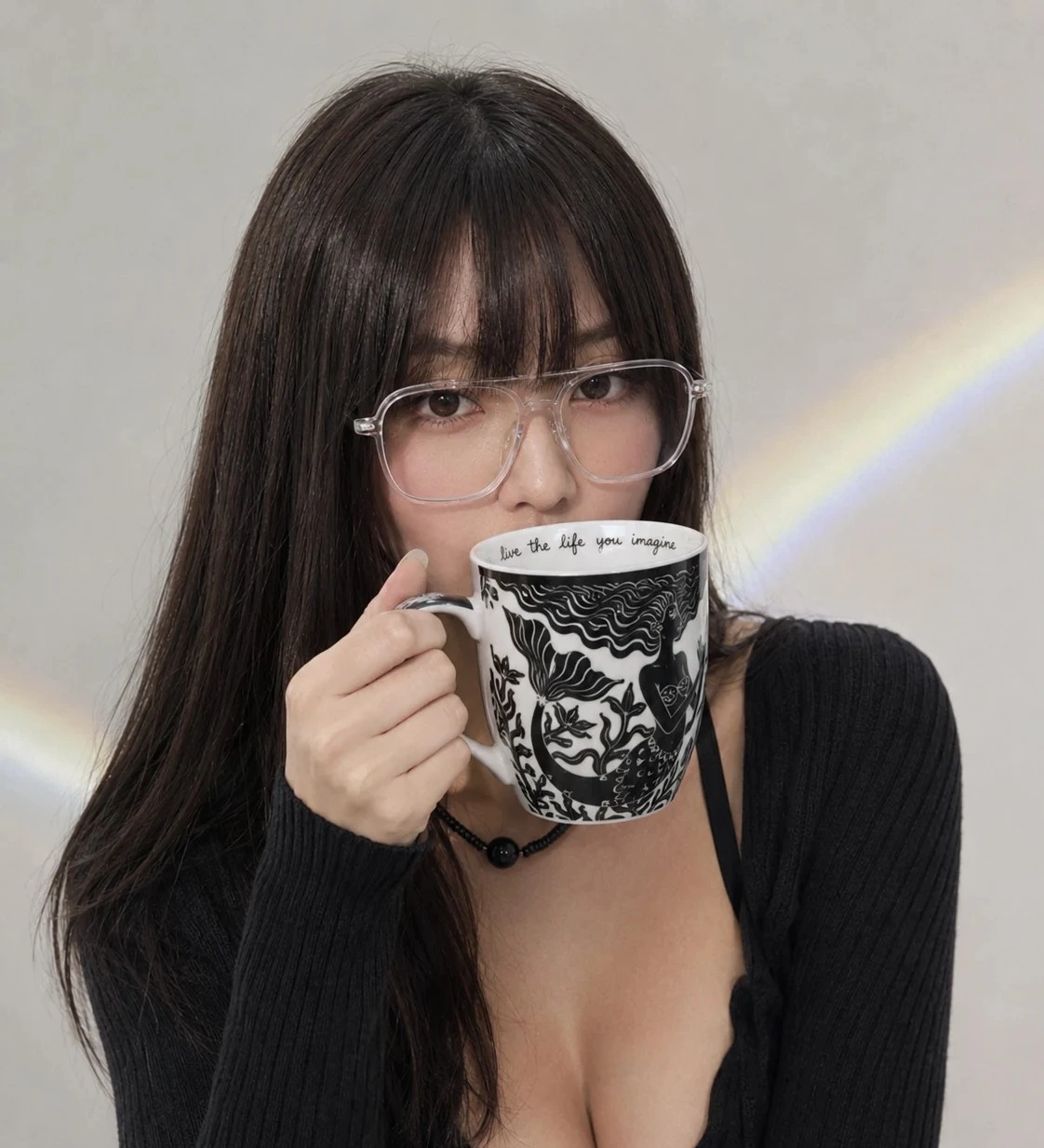 Karma Gifts black and white boho mug held by Mei Lin