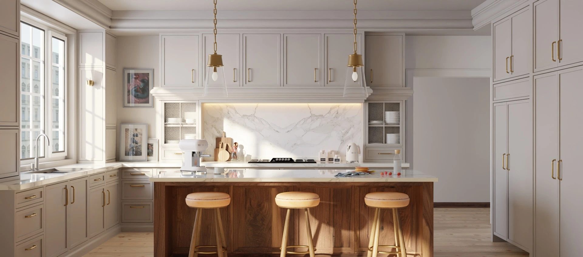Bright home kitchen with upper cabinets, pendant lights, and a clean counter
